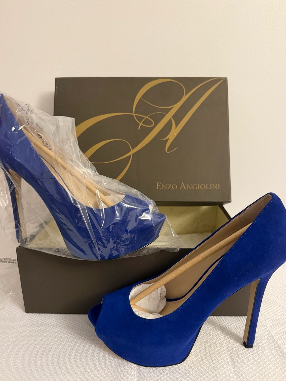 Enzo Angiolini Cobalt Blue Suede Peep-Toe Stiletto Pumps